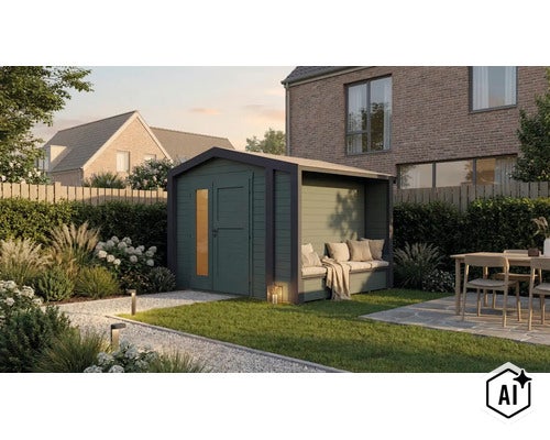 Modernes Gartenhaus mit integrierter überdachter Sitzbank, gefertigt aus Holz, aufgestellt in einem gepflegten Garten mit Terrasse und Rasen. (Image AI modified or generated)