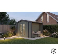 Modernes Gartenhaus aus Holz mit integriertem überdachtem Sitzbereich, Doppeltür und Gartenbeleuchtung im Vorgarten. (Image AI modified or generated)