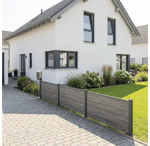 Moderner Sichtschutzzaun mit Paneelen in Holzoptik und Metallpfosten zwischen gepflasterter Einfahrt und Rasenfläche vor einem weißen Haus.
