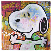 Farbenfrohes Keilrahmenbild im Graffiti-Stil mit Snoopy-Motiv, verschiedenen Schriftzügen und Symbolen.