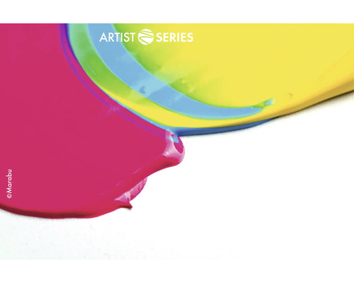 Flüssige, glänzende Künstlerfarbe von Marabu, die ineinander verläuft, mit dem Schriftzug Artist Series.