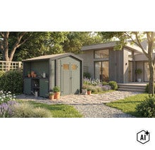 Gartenhaus aus Holz mit integriertem Unterstand und Doppeltür, platziert in einem modern gestalteten Garten mit Steinplattenweg. (Image AI modified or generated)