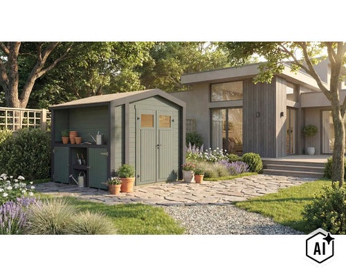 Gartenhaus aus Holz mit integriertem Unterstand und Doppeltür, platziert in einem modern gestalteten Garten mit Steinplattenweg. (Image AI modified or generated)