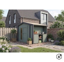 Modernes Gartenhaus mit integriertem Unterstand und Doppeltür im gepflegten Garten vor einem Wohnhaus. (Image AI modified or generated)