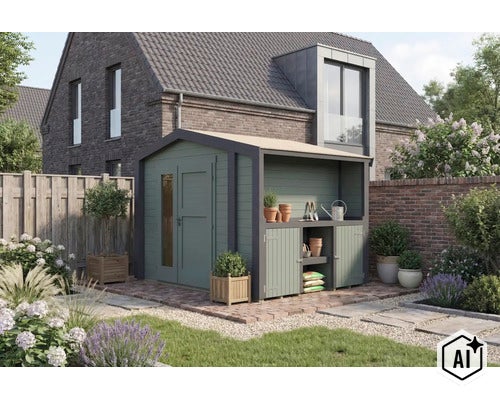 Modernes Gartenhaus mit integriertem Unterstand und Doppeltür im gepflegten Garten vor einem Wohnhaus. (Image AI modified or generated)