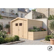 Holzgartenhaus mit Doppeltür und integriertem Pflanzkasten im Garten vor einer Steinmauer. (Image AI modified or generated)