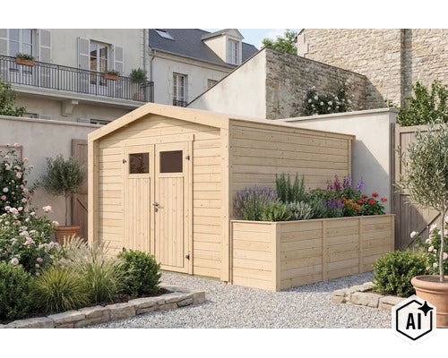 Holzgartenhaus mit Doppeltür und integriertem Pflanzkasten im Garten vor einer Steinmauer. (Image AI modified or generated)