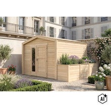 Gartenhaus aus Holz mit integriertem Hochbeet in einem sonnigen Garten vor einem klassischen Gebäude. (Image AI modified or generated)