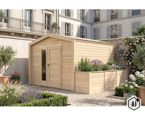 Gartenhaus aus Holz mit integriertem Hochbeet in einem sonnigen Garten vor einem klassischen Gebäude. (Image AI modified or generated)