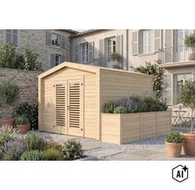 Gartenhaus aus Holz mit integriertem Pflanzkasten vor einem Wohngebäude mit Steinmauer und Pflanzen im Garten. (Image AI modified or generated)