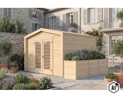 Gartenhaus aus Holz mit integriertem Pflanzkasten vor einem Wohngebäude mit Steinmauer und Pflanzen im Garten. (Image AI modified or generated)
