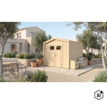 Holzgartenhaus mit Doppeltür und integrierter Sitzbank in einem gepflegten Garten vor einem modernen Wohnhaus. (Image AI modified or generated)