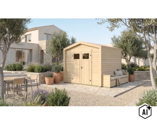 Holzgartenhaus mit Doppeltür und integrierter Sitzbank in einem gepflegten Garten vor einem modernen Wohnhaus. (Image AI modified or generated)