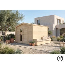 Holzgartenhaus mit Doppeltür und integrierter Sitzbank auf einer Terrasse vor einem modernen Wohnhaus. (Image AI modified or generated)