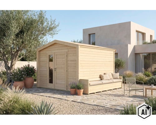 Holzgartenhaus mit Doppeltür und integrierter Sitzbank auf einer Terrasse vor einem modernen Wohnhaus. (Image AI modified or generated)