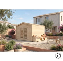 Holzgartenhaus mit integrierter Sitzbank und Doppeltür mit Lamellen-Optik im Garten. (Image AI modified or generated)
