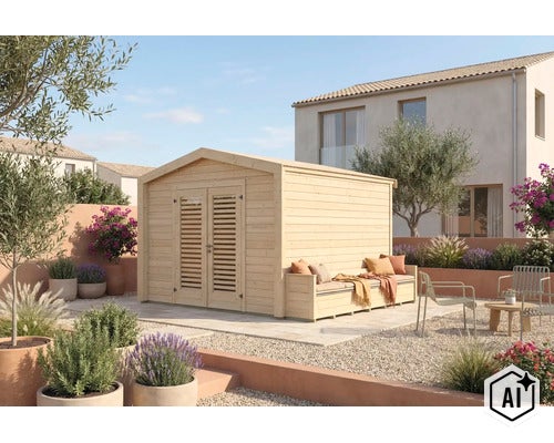 Holzgartenhaus mit integrierter Sitzbank und Doppeltür mit Lamellen-Optik im Garten. (Image AI modified or generated)