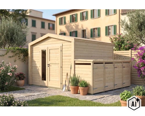 Gartenhaus aus Holz mit integriertem Mülltonnenunterstand im Garten mit Pflanzen und Pflasterweg. (Image AI modified or generated)