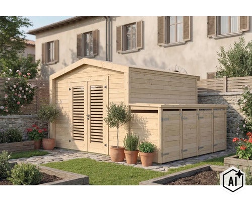 Holzgartenhaus mit Doppeltür und angebautem Unterstand für Mülltonnen in einem sonnigen Garten mit Blumenbeeten. (Image AI modified or generated)