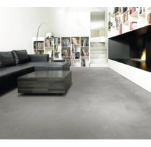 Modernes Wohnzimmer mit grauem Bodenbelag in Betonoptik, schwarzem Ledersofa, dunklem Couchtisch und minimalistischem Kamin.