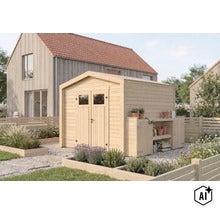 Gartenhaus aus Holz mit Doppeltür und angebautem Pflanztisch in einem modernen Garten mit Hochbeeten. (Image AI modified or generated)