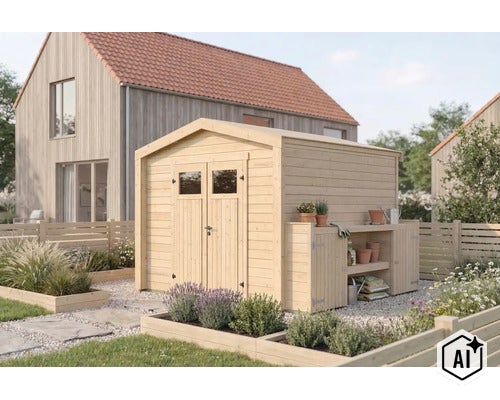 Gartenhaus aus Holz mit Doppeltür und angebautem Pflanztisch in einem modernen Garten mit Hochbeeten. (Image AI modified or generated)
