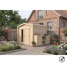 Gartenhaus aus Holz mit integriertem Anbau und Doppeltür mit Glaseinsatz im Garten vor einem Backsteinhaus. (Image AI modified or generated)