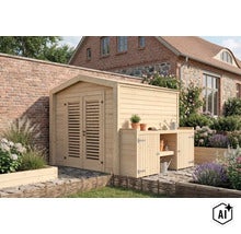 Holzgerätehaus mit integriertem Pflanztisch, Doppeltür mit Lamellen und Satteldach, aufgestellt in einem gepflegten Garten vor einer Ziegelmauer. (Image AI modified or generated)
