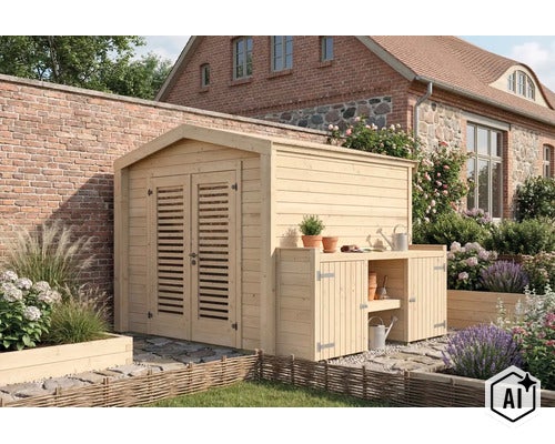 Holzgerätehaus mit integriertem Pflanztisch, Doppeltür mit Lamellen und Satteldach, aufgestellt in einem gepflegten Garten vor einer Ziegelmauer. (Image AI modified or generated)