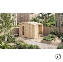 Gartenhaus aus Holz mit Doppeltür, Glaseinsatz und angebautem Holzlager in einem gepflegten Garten mit Hochbeeten und Kiesweg. (Image AI modified or generated)