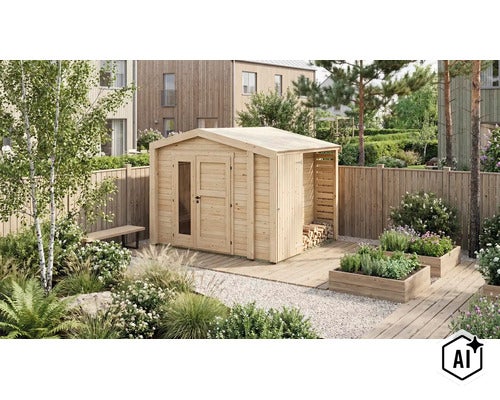 Gartenhaus aus Holz mit Doppeltür, Glaseinsatz und angebautem Holzlager in einem gepflegten Garten mit Hochbeeten und Kiesweg. (Image AI modified or generated)