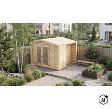 Holzgartenhaus mit Doppeltür und integriertem seitlichem Anbau auf einer Holzterrasse im Garten. (Image AI modified or generated)