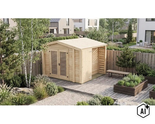 Holzgartenhaus mit Doppeltür und integriertem seitlichem Anbau auf einer Holzterrasse im Garten. (Image AI modified or generated)