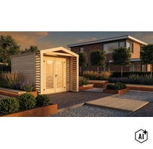Modernes Gartenhaus aus Holz mit Doppeltür in einem gepflegten Garten mit Pflanztrögen und indirekter Beleuchtung bei Sonnenuntergang. (Image AI modified or generated)