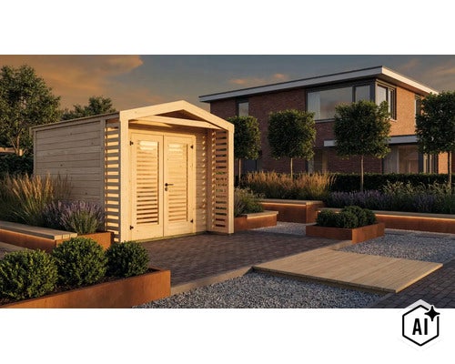 Modernes Gartenhaus aus Holz mit Doppeltür in einem gepflegten Garten mit Pflanztrögen und indirekter Beleuchtung bei Sonnenuntergang. (Image AI modified or generated)