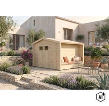 Gartenhaus aus Holz mit integrierter Sitzbank auf einer Terrasse in einem mediterranen Garten. (Image AI modified or generated)