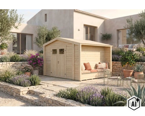 Gartenhaus aus Holz mit integrierter Sitzbank auf einer Terrasse in einem mediterranen Garten. (Image AI modified or generated)