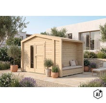 Holzgartenhaus mit integriertem überdachtem Sitzbereich, Doppeltür mit Glaseinsatz und Sitzbank auf einer Steinterrasse in einem Garten. (Image AI modified or generated)