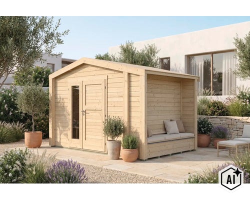 Holzgartenhaus mit integriertem überdachtem Sitzbereich, Doppeltür mit Glaseinsatz und Sitzbank auf einer Steinterrasse in einem Garten. (Image AI modified or generated)