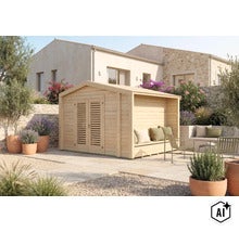 Gartenhaus aus Holz mit integriertem überdachtem Sitzbereich, Doppeltür mit Lamellenfenstern und angrenzendem Garten in mediterranem Stil. (Image AI modified or generated)