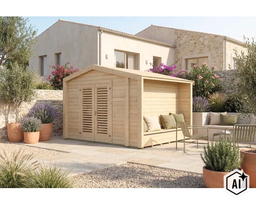 Gartenhaus aus Holz mit integriertem überdachtem Sitzbereich, Doppeltür mit Lamellenfenstern und angrenzendem Garten in mediterranem Stil. (Image AI modified or generated)