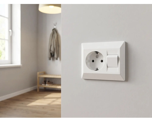 Schutzkontakt-Steckdose mit Lichtschalter Kombination an einer hellen Wand in einem modern eingerichteten, hellen Raum mit Holzboden.