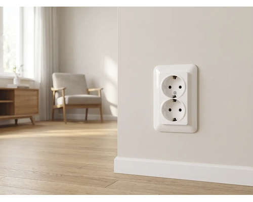 Zweifache Schutzkontakt-Steckdose an einer hellen Wand in einem modernen Wohnzimmer mit Parkettboden und Sessel.