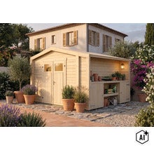 Holzgartenhaus mit Doppeltür und seitlichem Anbau mit Ablageflächen im mediterranen Garten vor einem Wohnhaus. (Image AI modified or generated)