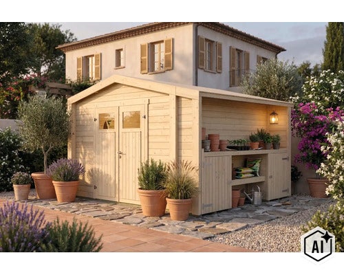 Holzgartenhaus mit Doppeltür und seitlichem Anbau mit Ablageflächen im mediterranen Garten vor einem Wohnhaus. (Image AI modified or generated)