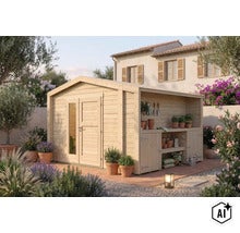 Gartenhaus aus Holz mit integriertem Unterstand für Gartengeräte, aufgestellt in einem sonnigen Garten mit mediterraner Bepflanzung. (Image AI modified or generated)