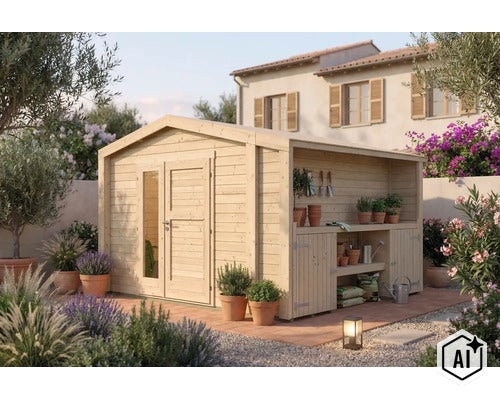 Gartenhaus aus Holz mit integriertem Unterstand für Gartengeräte, aufgestellt in einem sonnigen Garten mit mediterraner Bepflanzung. (Image AI modified or generated)