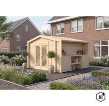 Holzgartenhaus mit seitlichem Anbau und Arbeitsbereich im Garten vor einem Wohnhaus. (Image AI modified or generated)