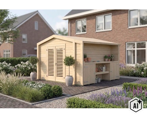 Holzgartenhaus mit seitlichem Anbau und Arbeitsbereich im Garten vor einem Wohnhaus. (Image AI modified or generated)