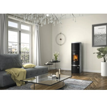 Modernes helles Wohnzimmer mit rundem schwarzem Kaminofen mit brennendem Feuer, grauem Sofa und gläsernem Couchtisch auf Holzparkett.